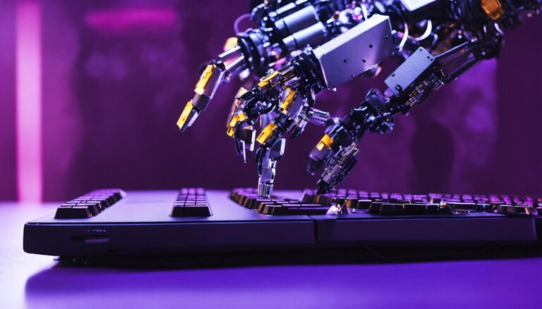 robot hand computer keyboard on a violet backgroun